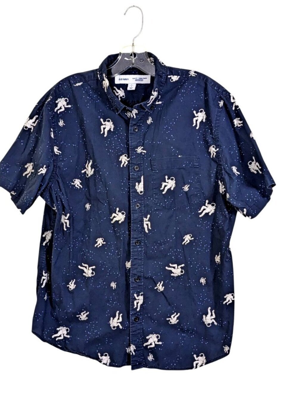 Old Navy Mens Large Button Down Short Sleeve Space Astronaut Slim Fit Navy Blue